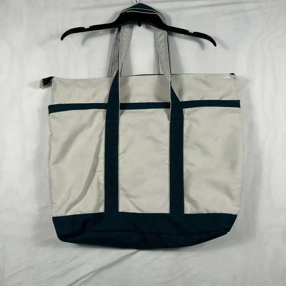 Eddie Bauer Canvas Zippered Utility Tote Bag Cream and Dark Green